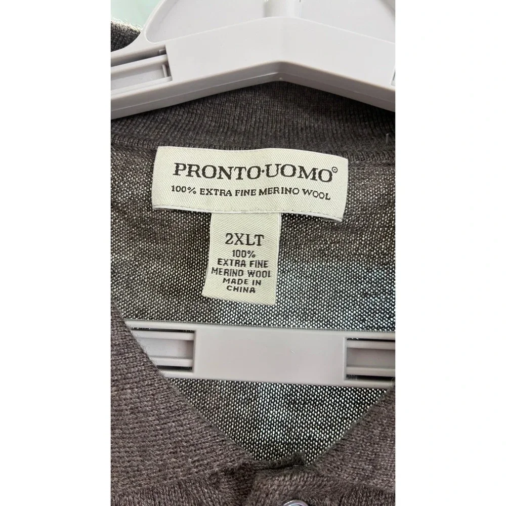 Pronto Uomo Polo Sweater 2XLT Brown 100% Extra Fine Merino Wool Long Sleeve